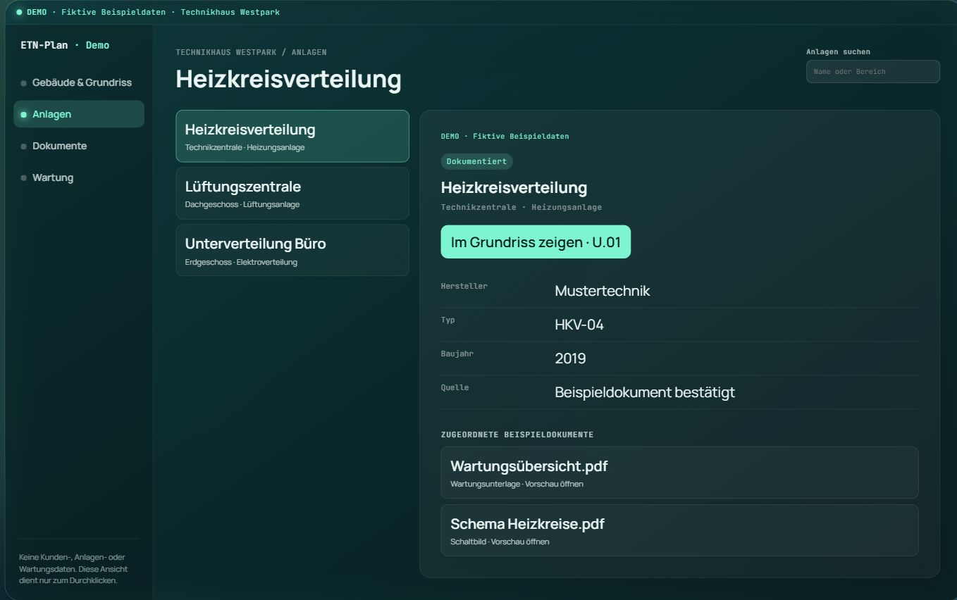 Öffentliche ETN-Plan-Demo: Heizkreisverteilung mit Hersteller, Typ, Quelle und zugeordneten Beispieldokumenten